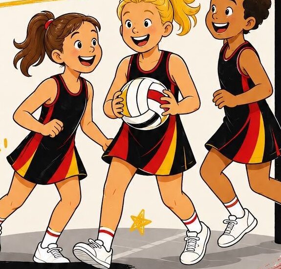 Illustration of three smiling junior players in Mt Eliza's red, black and gold netball dresses, one holding the ball under the goal ring.