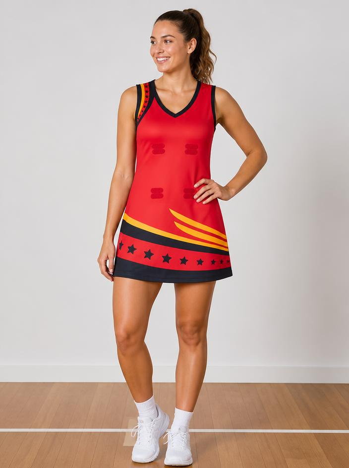 Adult MENC A-line dress in red, with black and gold trim and a band of stars around the hem
