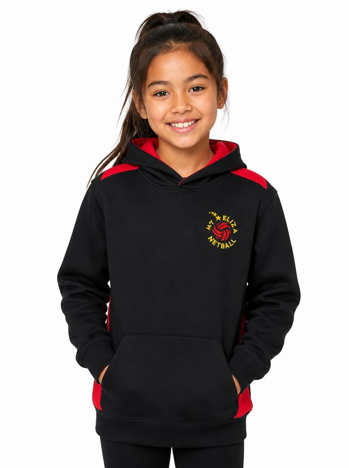 Black club hoodie with red side panels and the Mt Eliza Netball logo on the chest