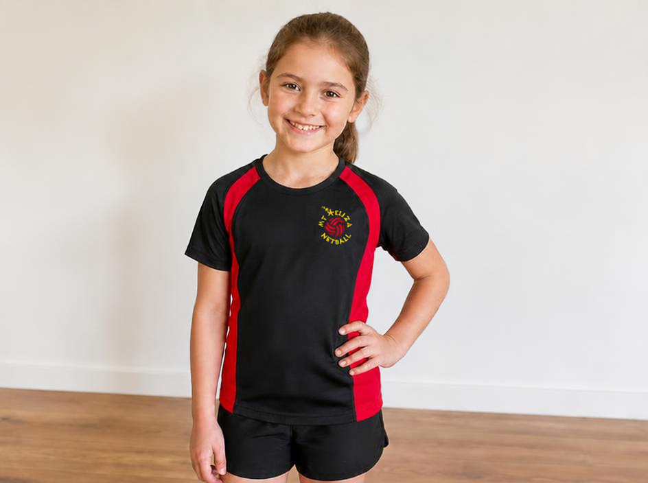 Black club training top with red side panels and the Mt Eliza Netball logo on the chest